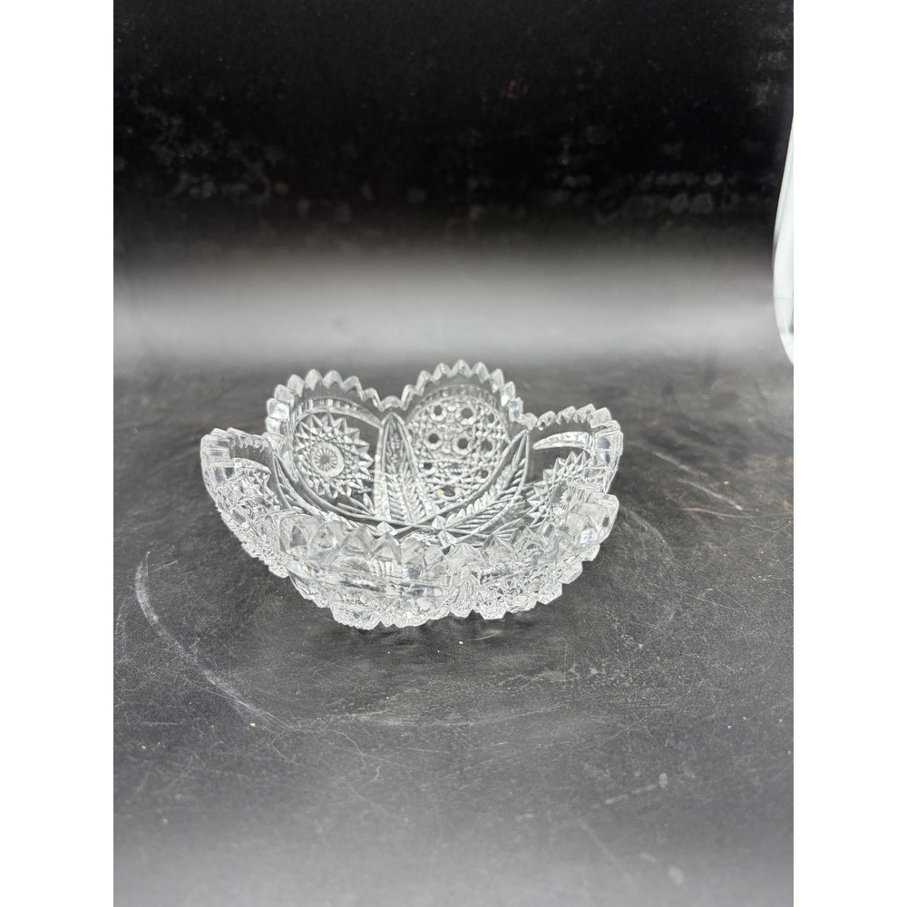 Vintage Cut Glass Bowl American Brilliant Style Starburst Scalloped Candy Dish